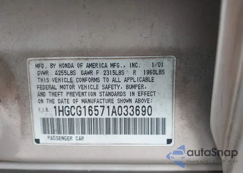 2001 Honda Accord 3.0 Ex z USA, uszkodzony, nr VIN 1HGCG16571A033690